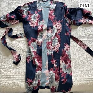Navy Floral Satin Kimono Robe - Pink & Light Gray Flowers